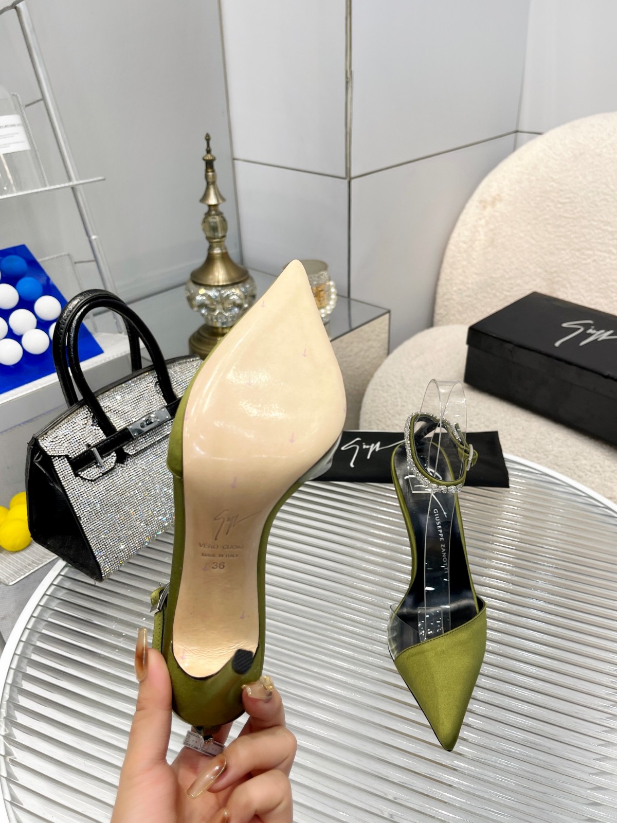 女性らしい サテン 10.5cm ハイヒール ジュゼッペ・ザノッティ サンダル コピー グリーン-4