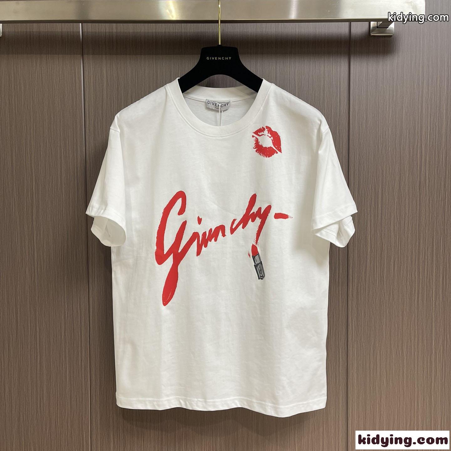 人気 リップスティックプリント Tシャツ ジバンシィ Tシャツ コピー クルーネック ホワイト-0