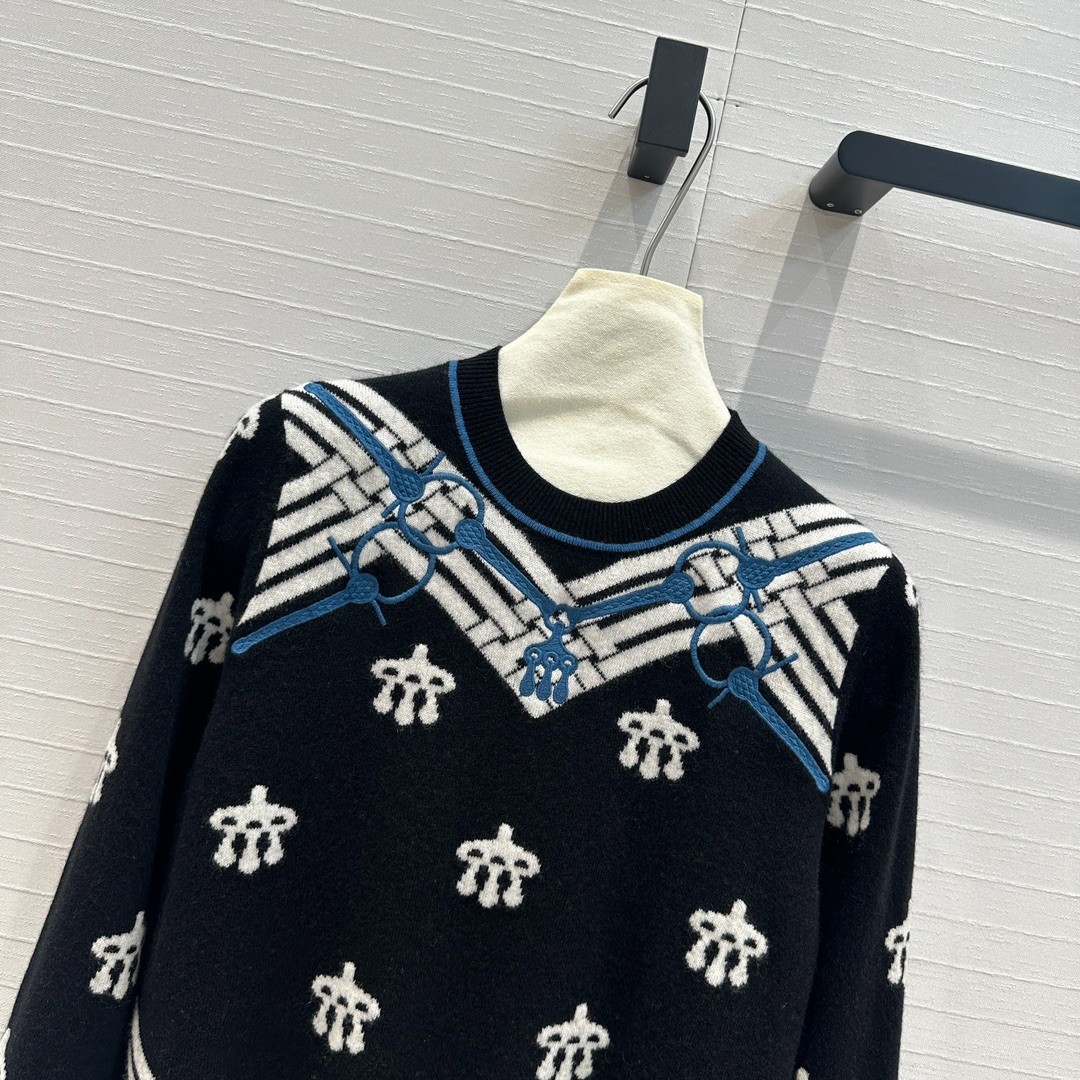 馬銜 刺繍入り ウール＆カシミヤ ニット エルメス セーター コピー ブラック-1
