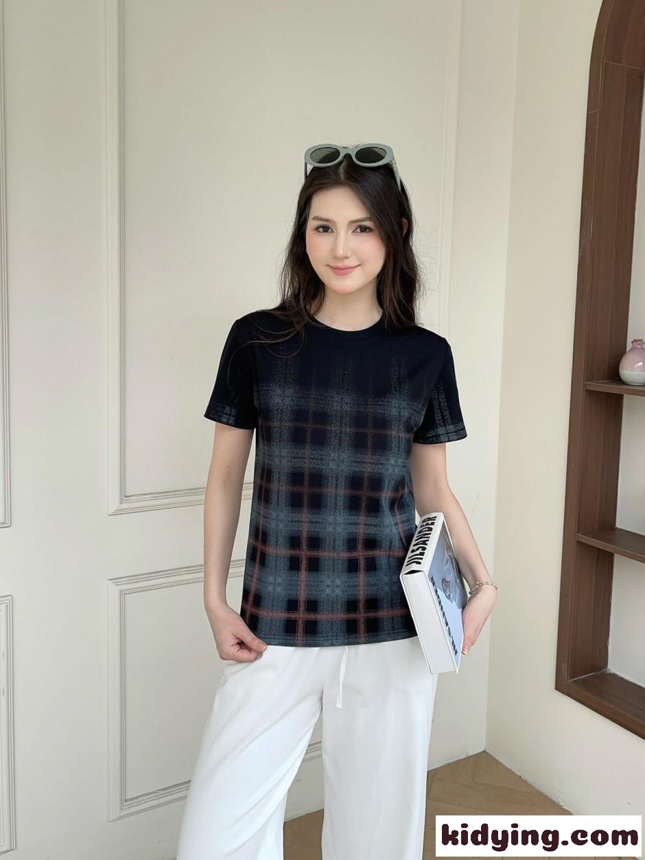 グラデーションチェック クルーネック 半袖Tシャツ バーバリー Tシャツ 偽物 ブラック-3