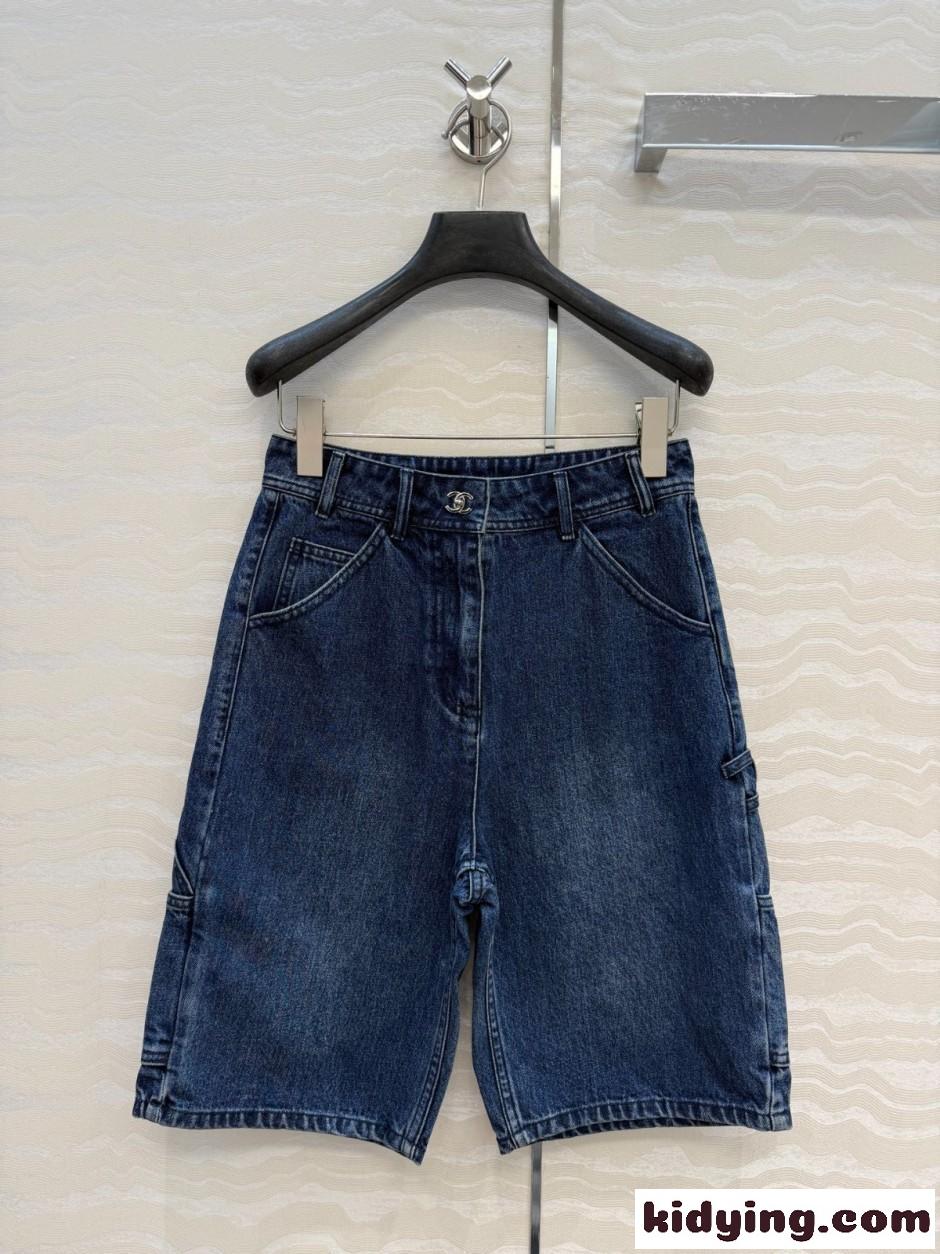 ロゴボタン デニム バミューダパンツ シャネル パンツ コピー ブルー-2