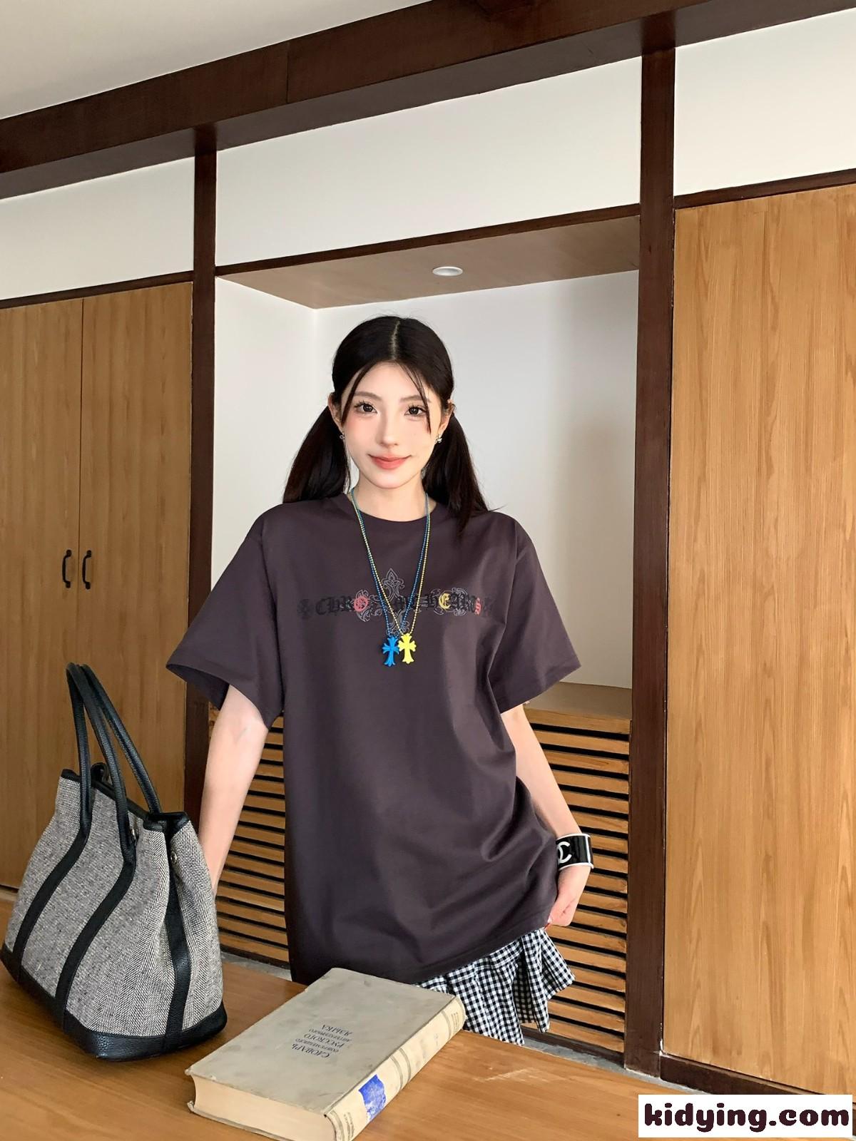 ユニセックス プリント 半袖Tシャツ クロムハーツ Tシャツ コピー コットン ダークブラウン-3