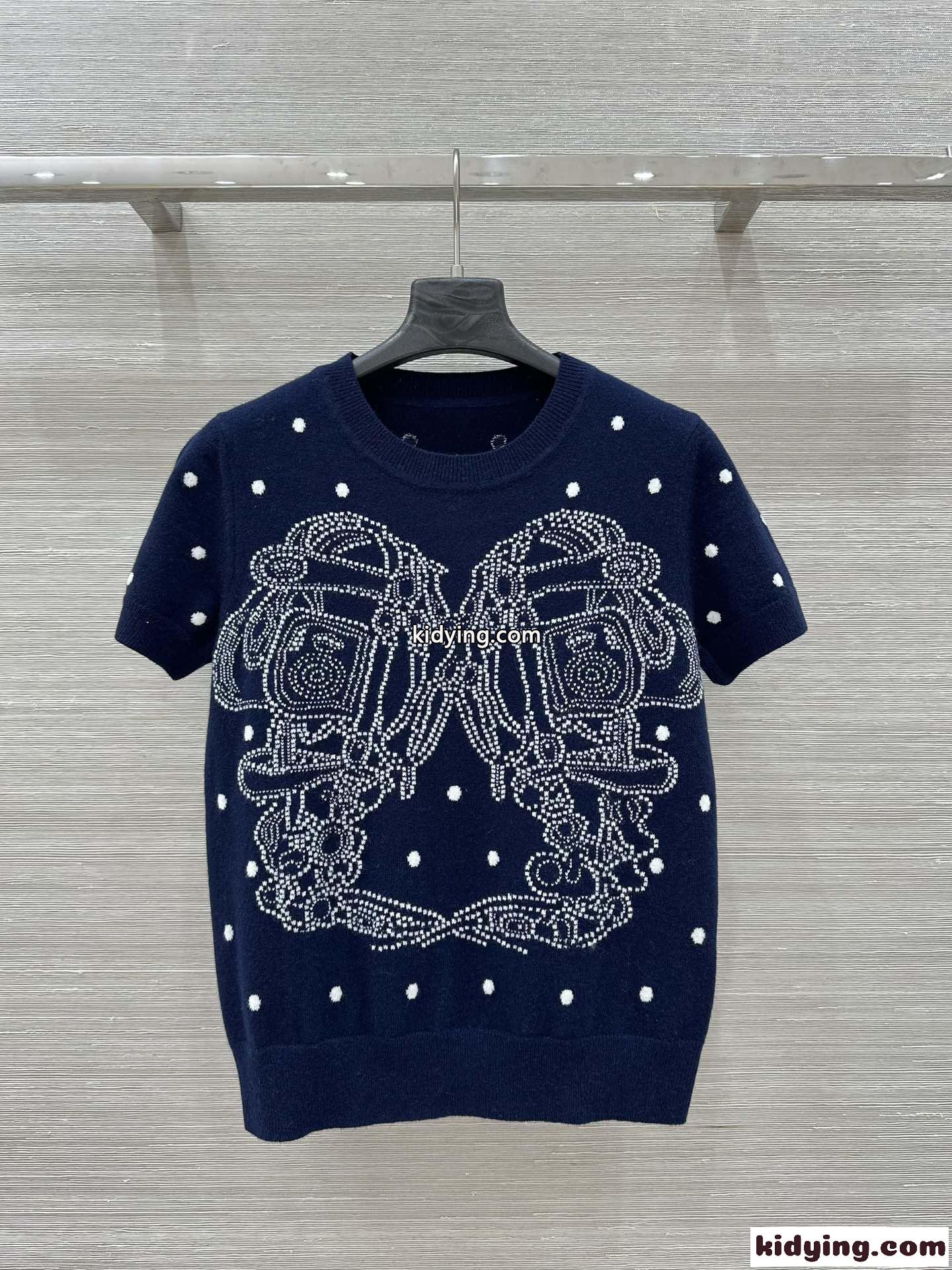着心地抜群♪刺繍入り 半袖セーター エルメス ニットウェア コピー ネイビー-0