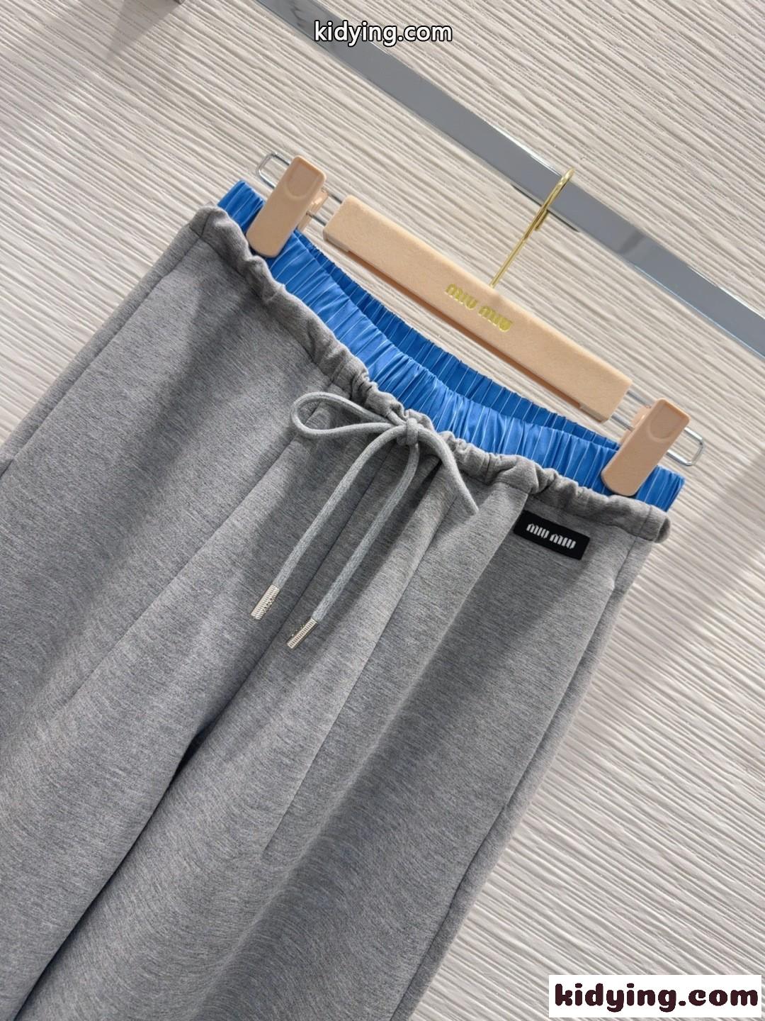 ミュウミュウ パンツ コピー おしゃれ ダブルウエスト ロングパンツ レディース グレー-2