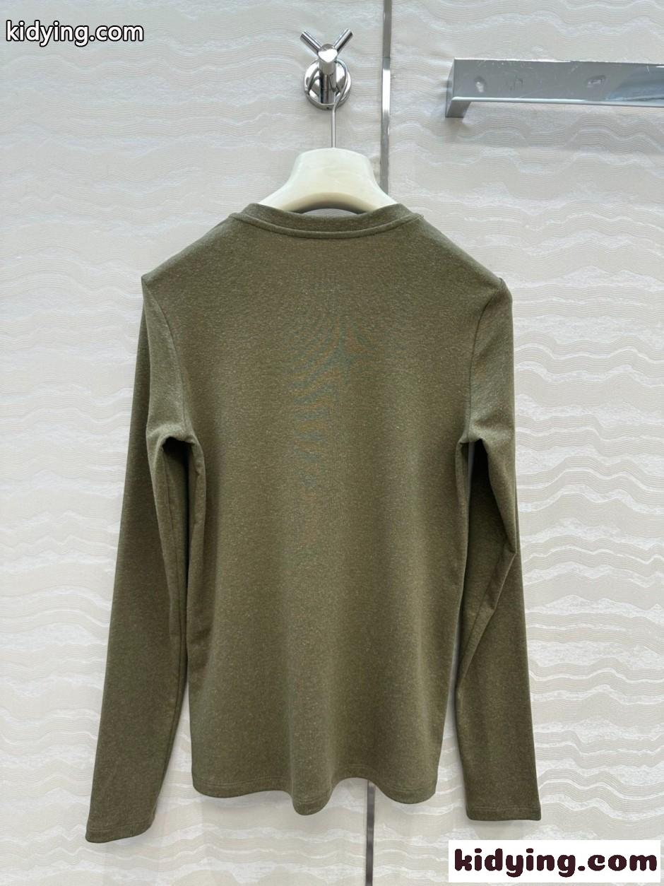 ロエベ Tシャツ 偽物 シンプル アナグラム刺繍 長袖Tシャツ トップス グリーン-3