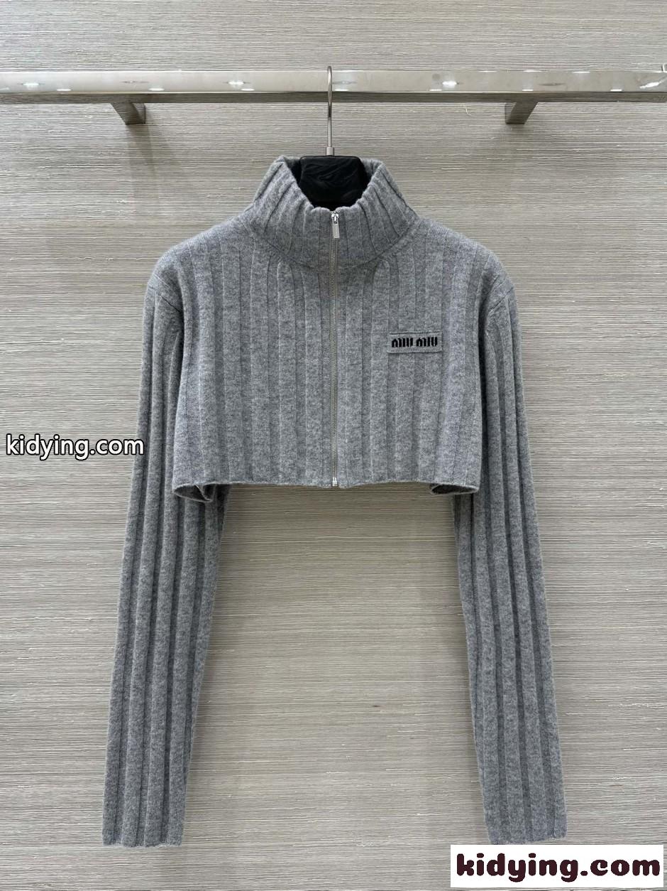 ウールカシミヤ クロップドジップニット ミュウミュウ ニット 偽物 グレー-2