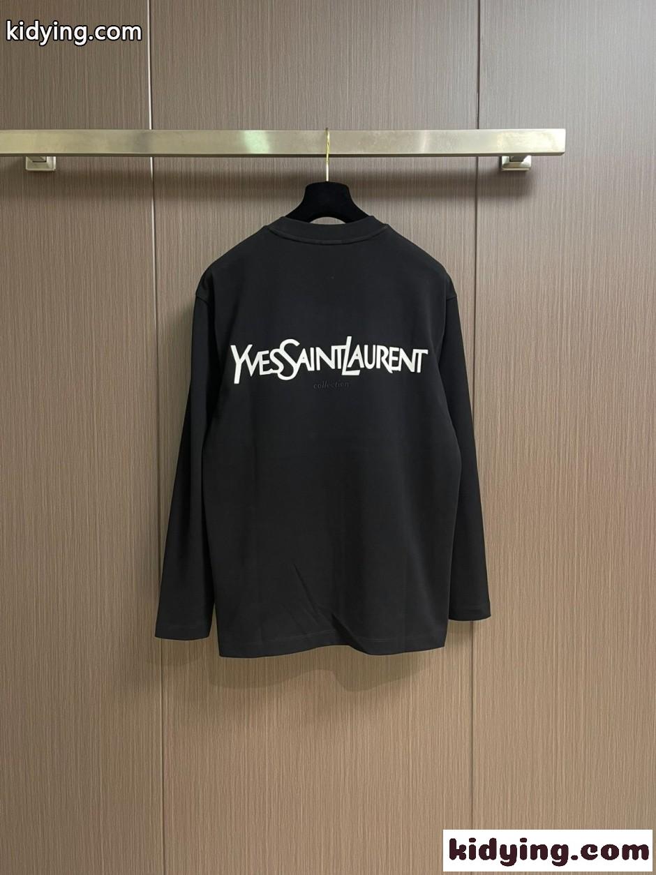 シンプル ロゴ 長袖Tシャツ イヴ・サンローラン Tシャツ 偽物 ブラック-1