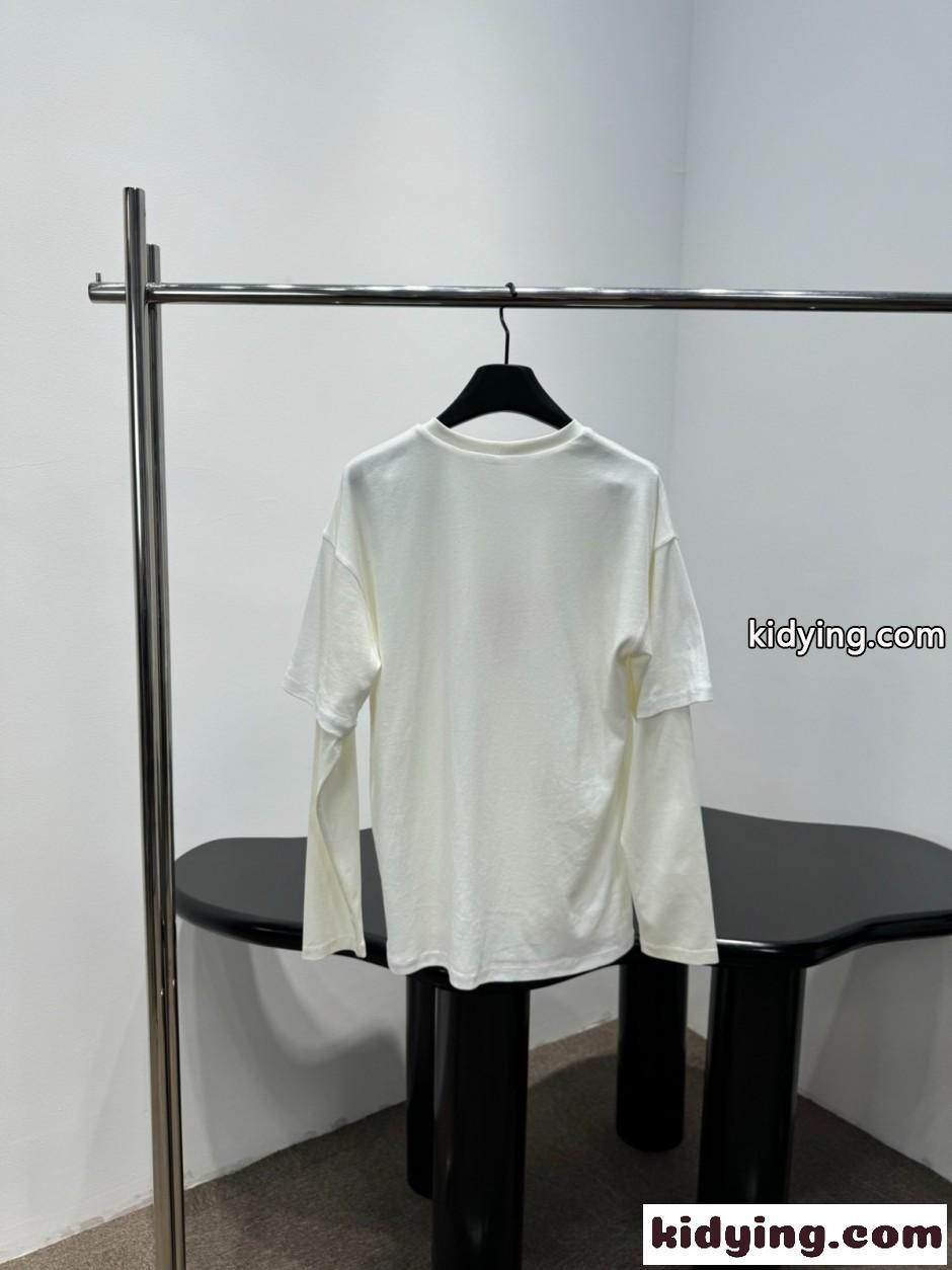 ロゴプリント フェイクレイヤード 長袖Tシャツ セリーヌ Tシャツ 偽物 ホワイト-1