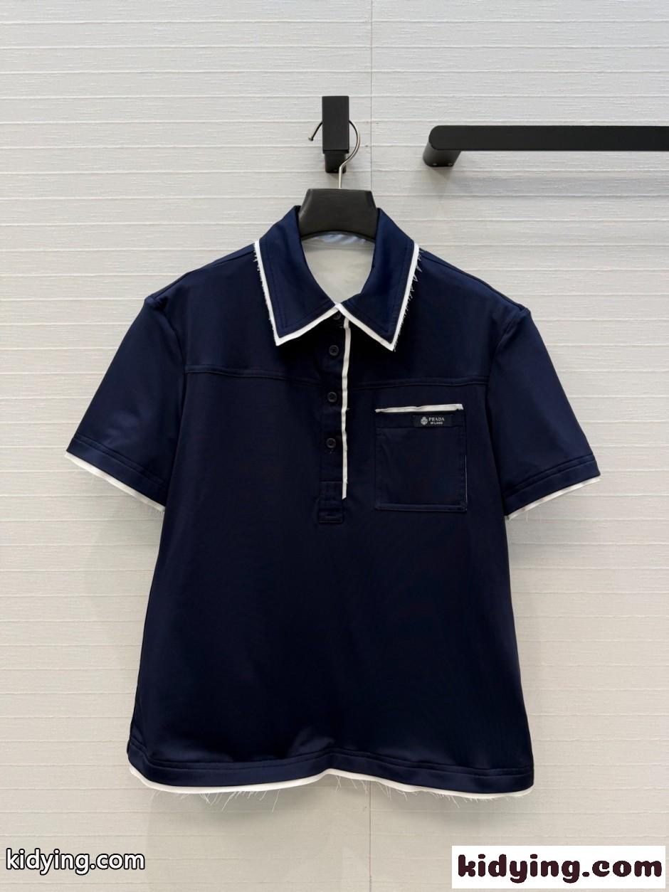 プラダ Tシャツ 偽物 カジュアル 配色 ポロシャツ コットン混 ネイビー-0