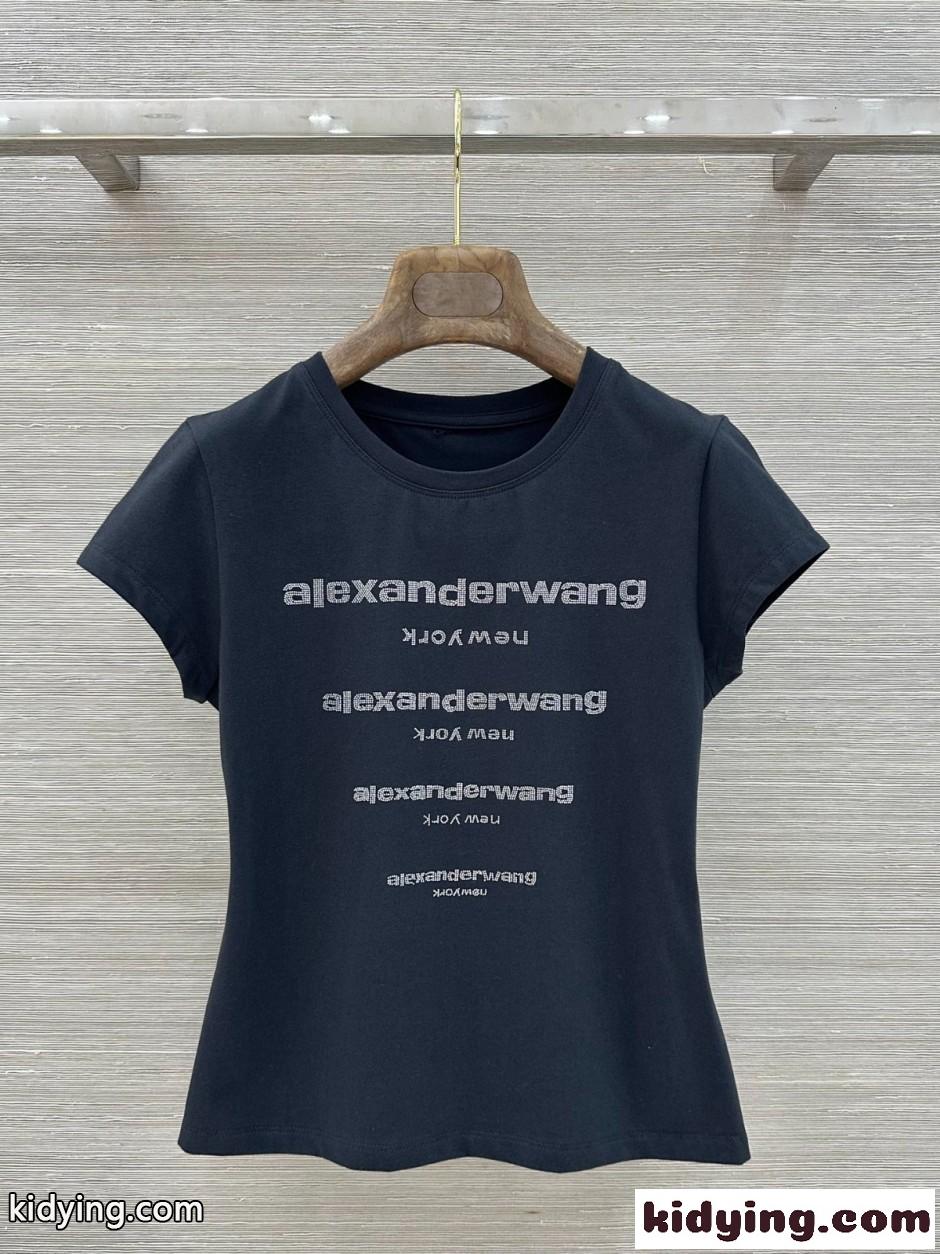 アレキサンダーワング Tシャツ コピー ラインストーンロゴ 半袖Tシャツ ブラック-0