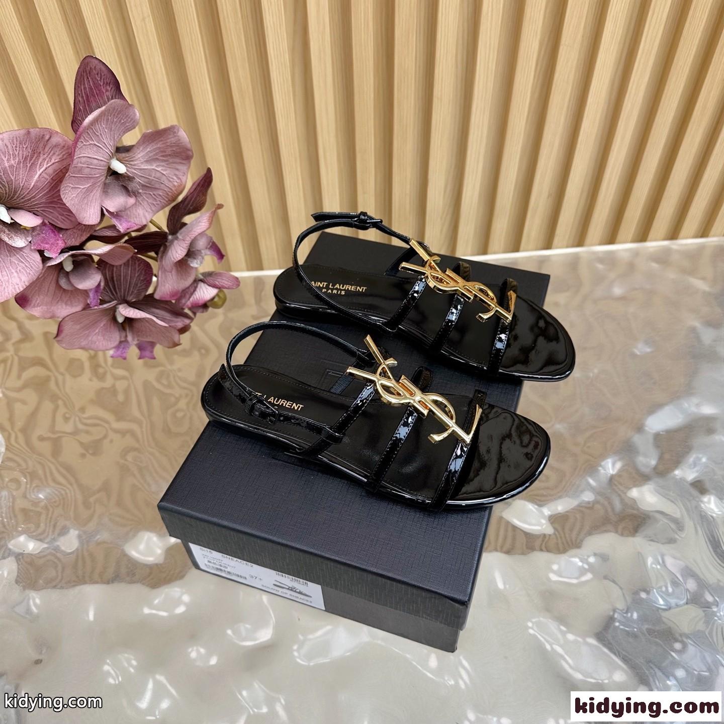 YSL カサンドラ サンダル イヴ・サンローラン スーパーコピーフラットサンダル ブラック-2