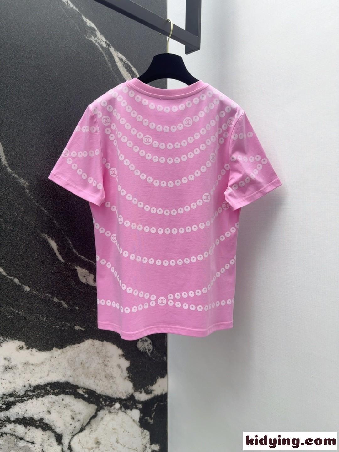 お洒落 パールプリント 半袖Tシャツ シャネル Tシャツ コピー コットン ピンク-5