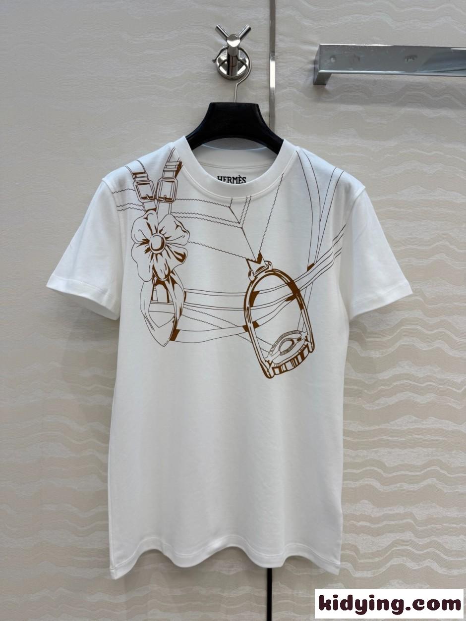 エルメス Tシャツ コピー 馬具プリント コットン クルーネックTシャツ ホワイト-0