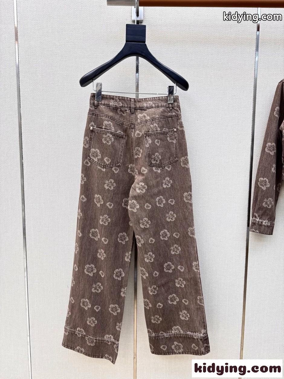 シャネル ジーンズ 偽物 カメリア 総柄 ワイド デニムパンツ-4