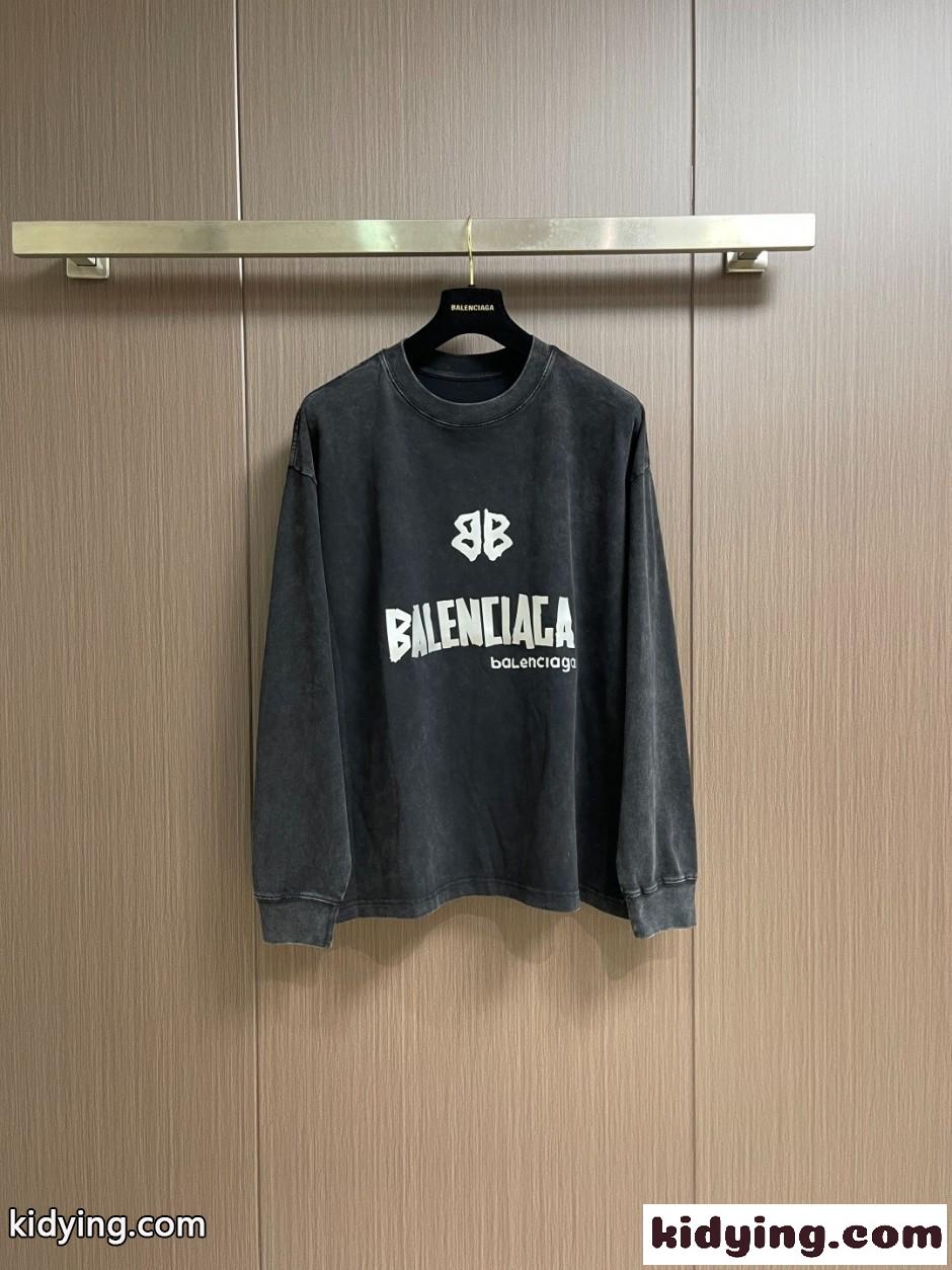 コットン ロゴ入り 長袖Tシャツ バレンシアガ Tシャツ 偽物 カジュアル ブラック-0