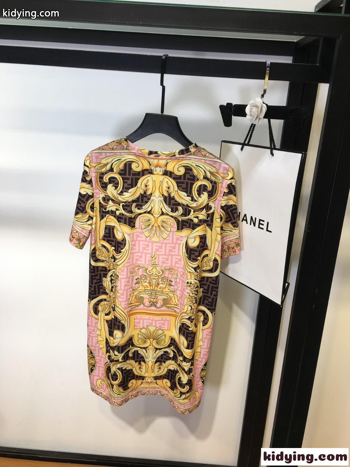 Fendi x Versace コラボ 新作 プリント クルーネック フェンディ 半袖tシャツ コピー チュニック トップス-1