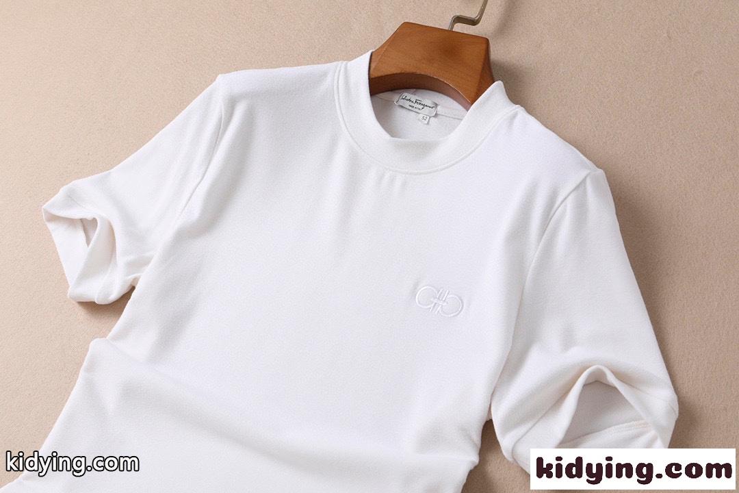 シンプル 無地 柔らかい スウェード ラウンドネック プルオーバー サルヴァトーレ・フェラガモ 半袖tシャツ コピー ホワイト ブラック-4
