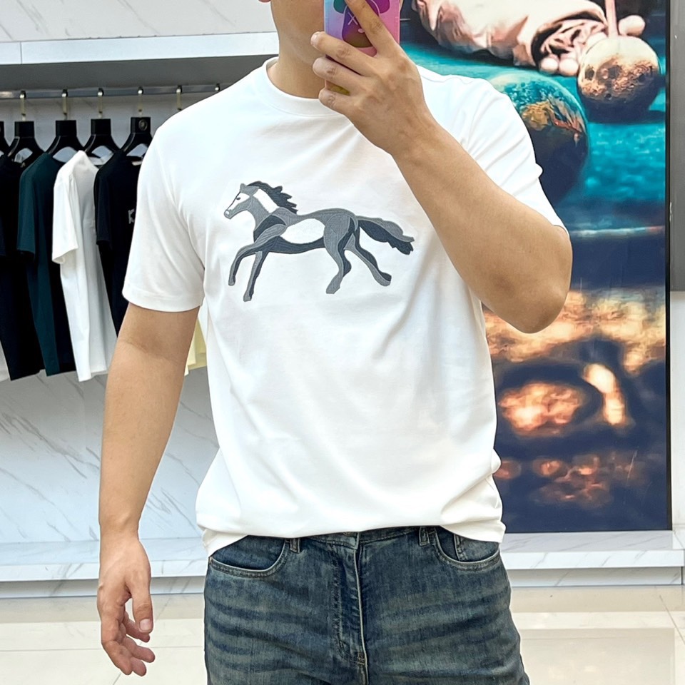 おしゃれ 合わせやすい クルーネック エルメス Tシャツ 偽物 ホワイト-1