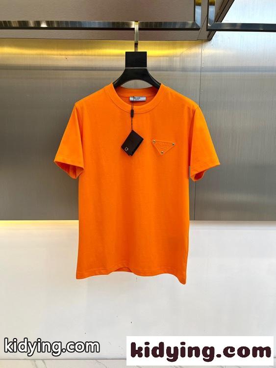 プラダ Tシャツ コピー カジュアル ロゴ入り クルーネック 半袖Tシャツ オレンジ-0