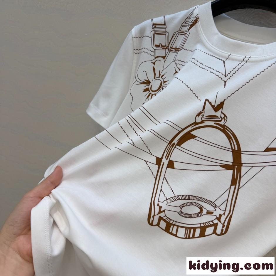 エルメス Tシャツ コピー 馬具プリント コットン クルーネックTシャツ ホワイト-2