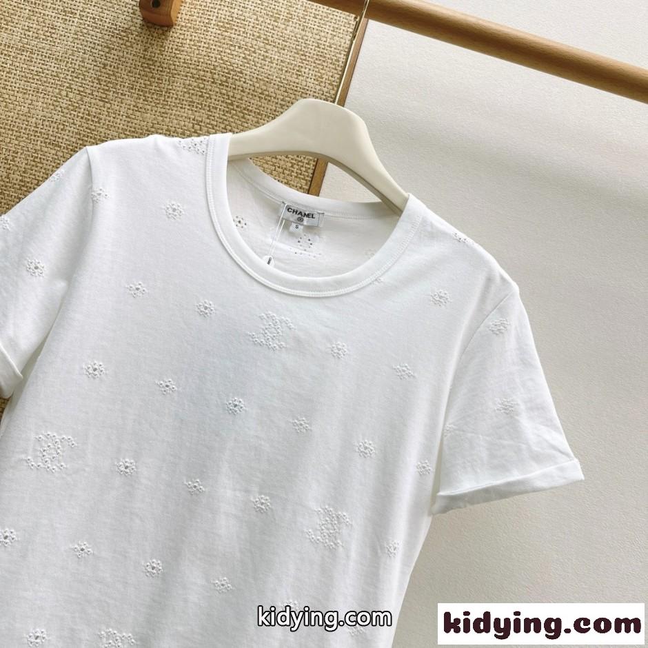 お洒落 可愛い パンチング 半袖Tシャツ シャネル Tシャツ コピー ホワイト-0