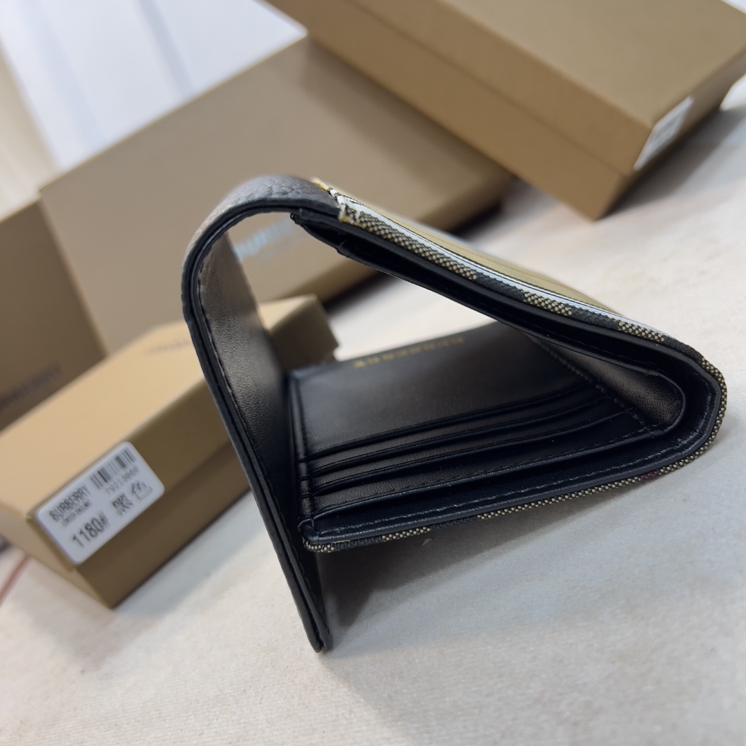 バーバリー 財布 コピー 人気 チェック＆レザー コンパクト財布 ブラック-0