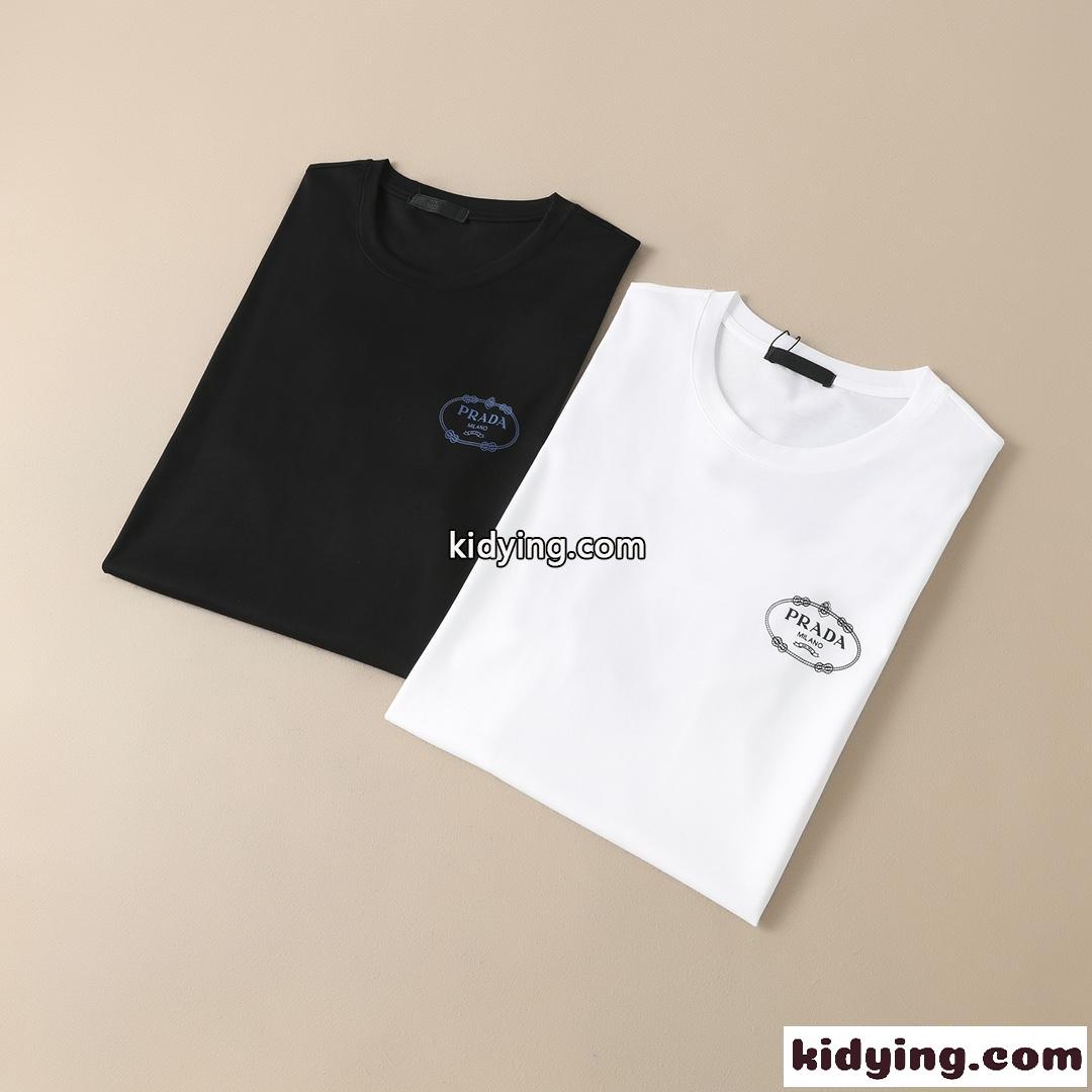 シンプル お洒落 コットン クルーネック tシャツ プラダ 半袖tシャツ コピー ロゴ プリント-0