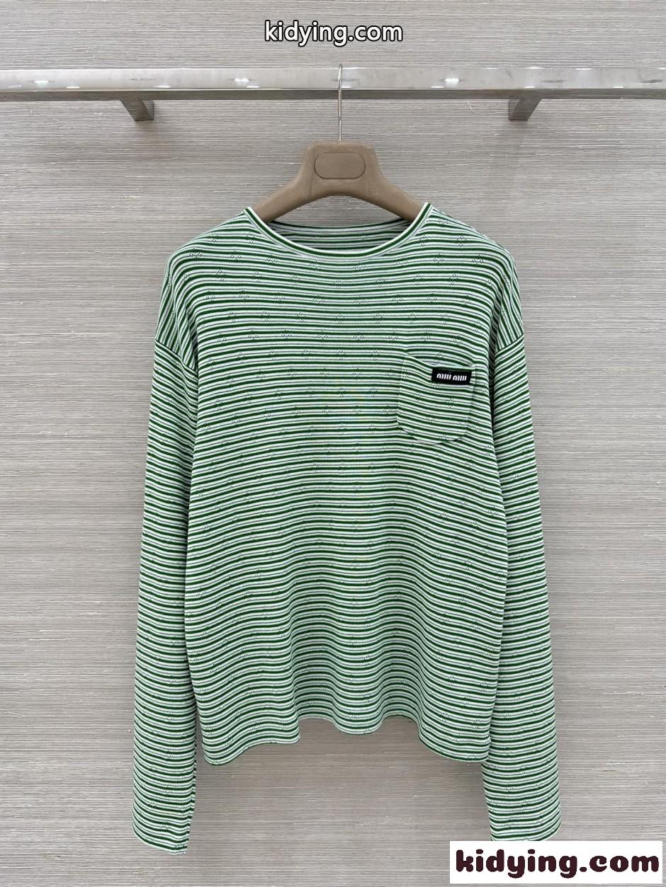 ミュウミュウ Tシャツ コピー ボーダー柄 透かし編み 長袖Tシャツ-2