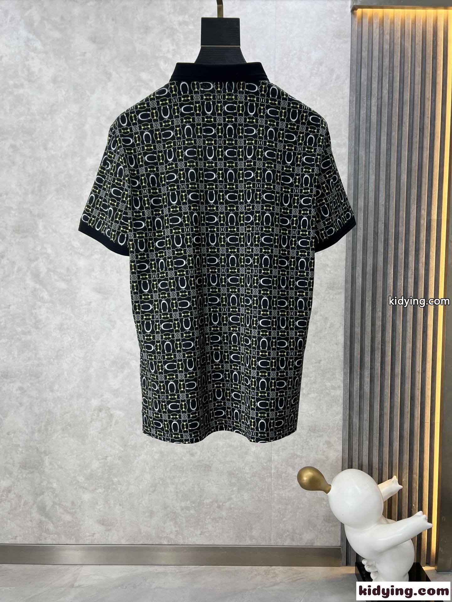 エルメス Tシャツ コピー 総柄プリント 半袖 コットンピケ ポロシャツ ブラック-2