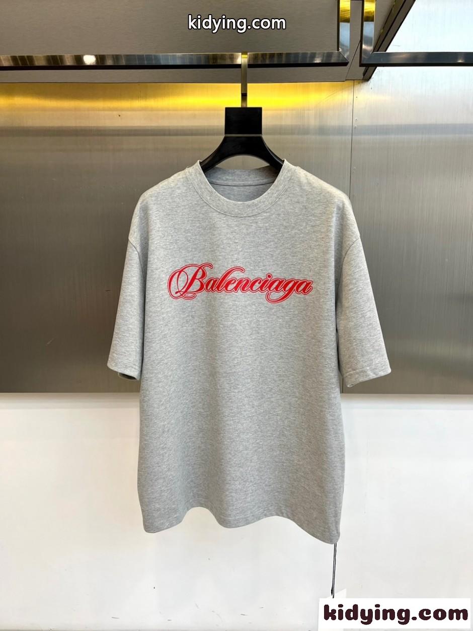 バレンシアガ Tシャツ 偽物 スクリプトロゴ クルーネック 半袖Tシャツ グレー-2
