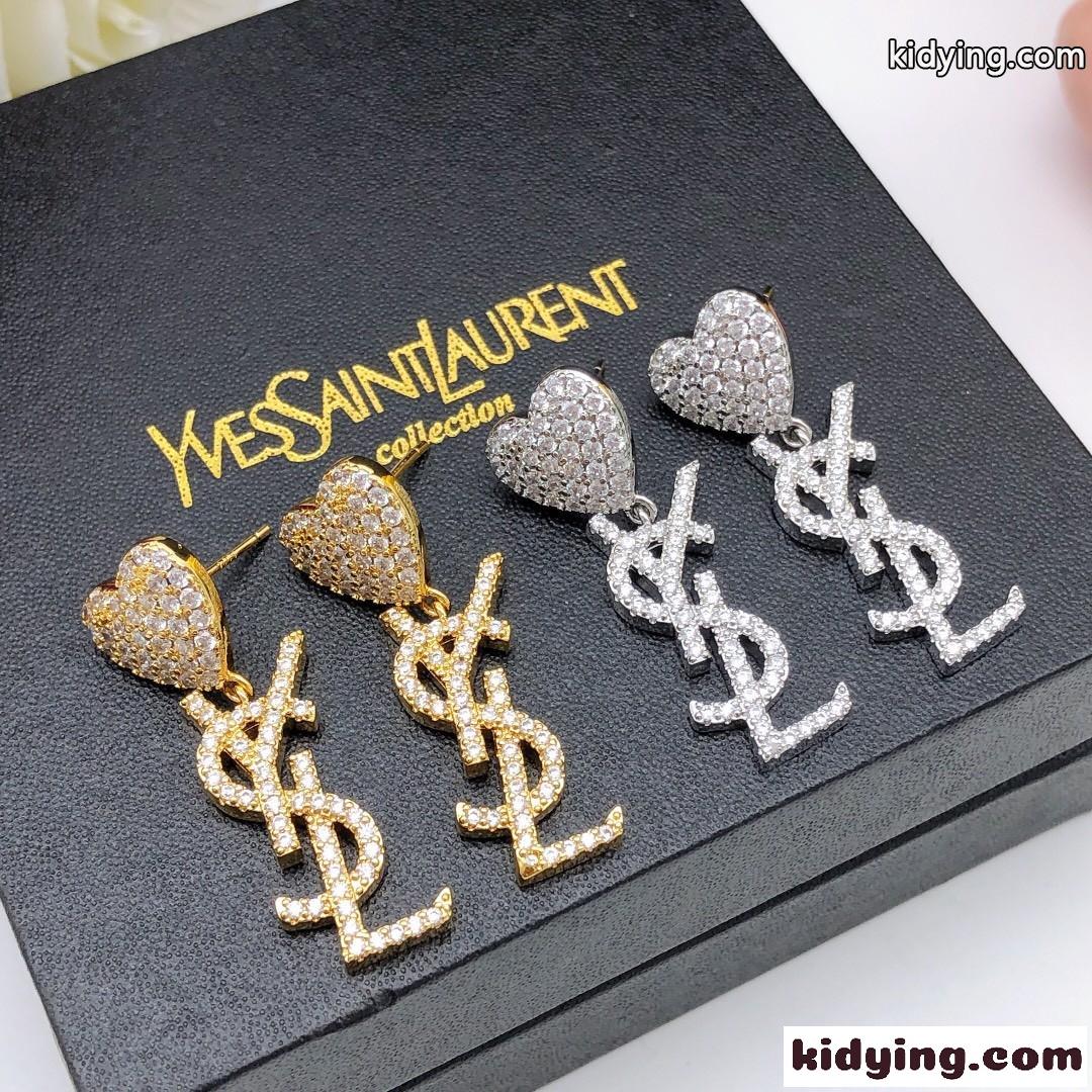 キラキラ ラインストーン YSL モノグラム ハート イヴ・サンローラン ピアス コピー-3