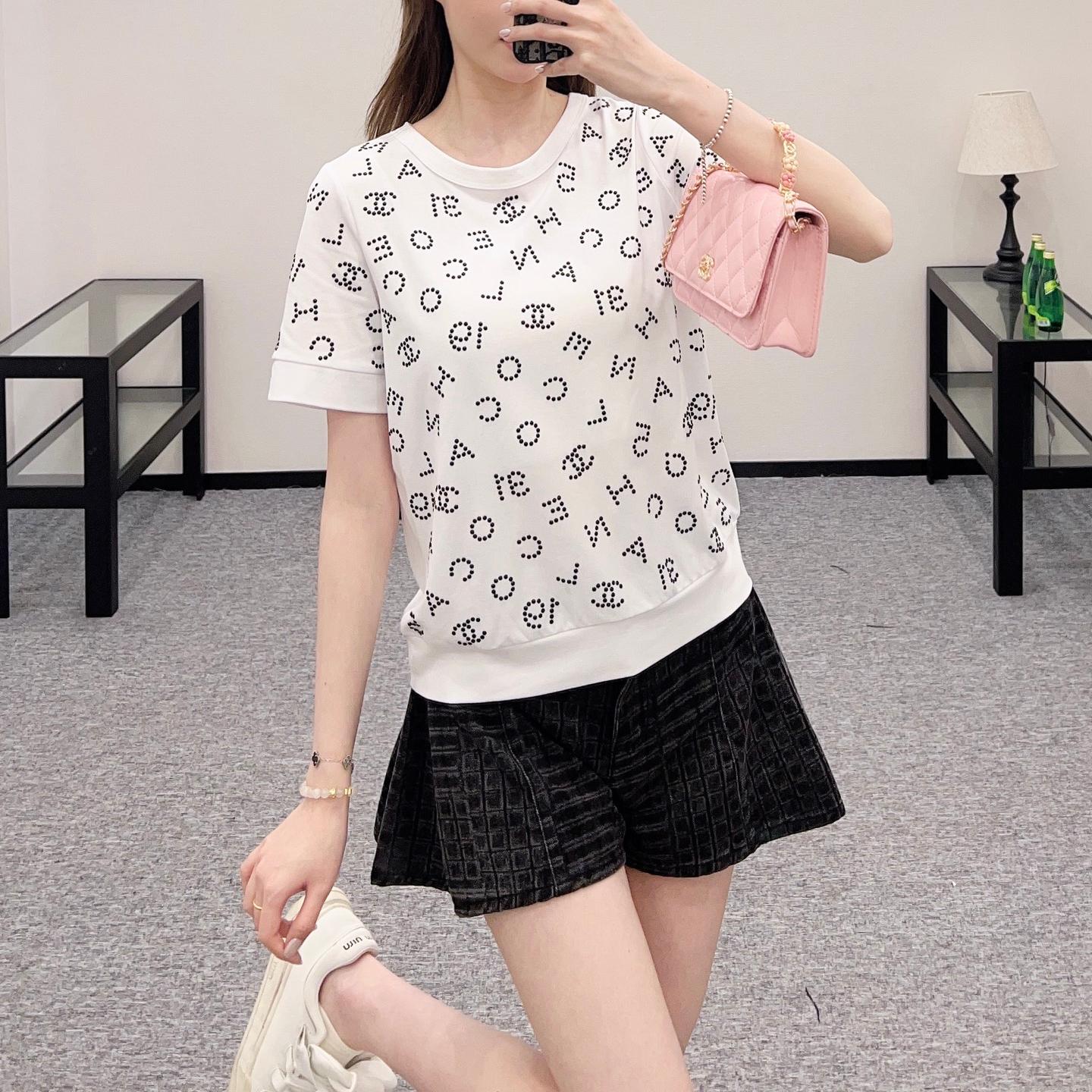目を惹く ストレッチ コットン 半袖 トップス シャネル Tシャツ コピー ホワイト-0