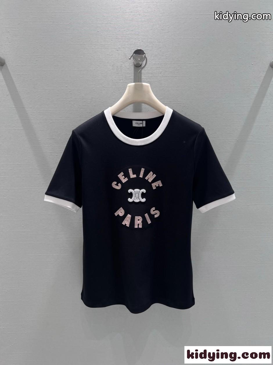 カジュアル おしゃれ コットン 半袖Tシャツ セリーヌ Tシャツ 偽物 ブラック-0