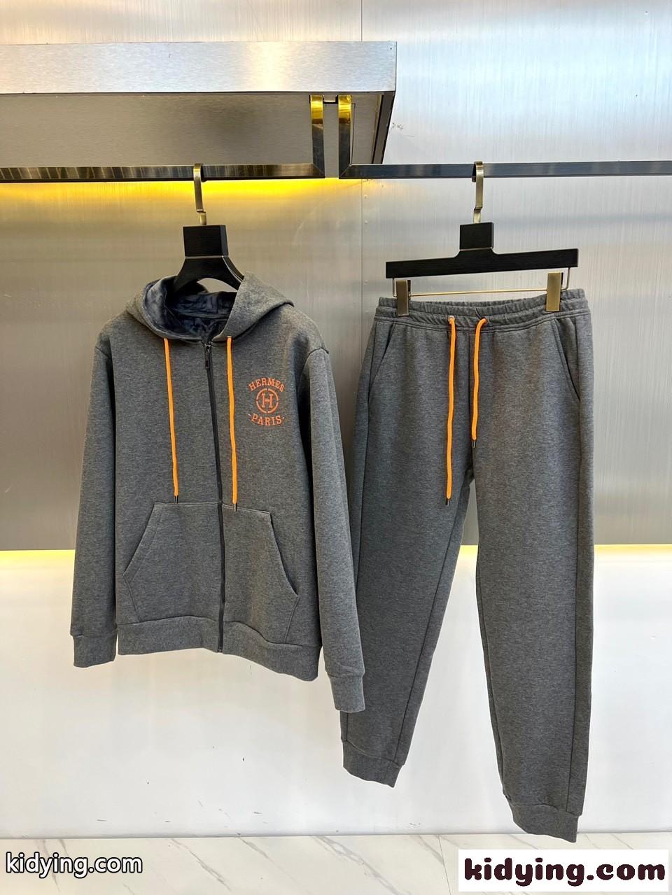 エルメス セットアップ 偽物 ジップパーカー×スウェットパンツ 上下セット グレー-0