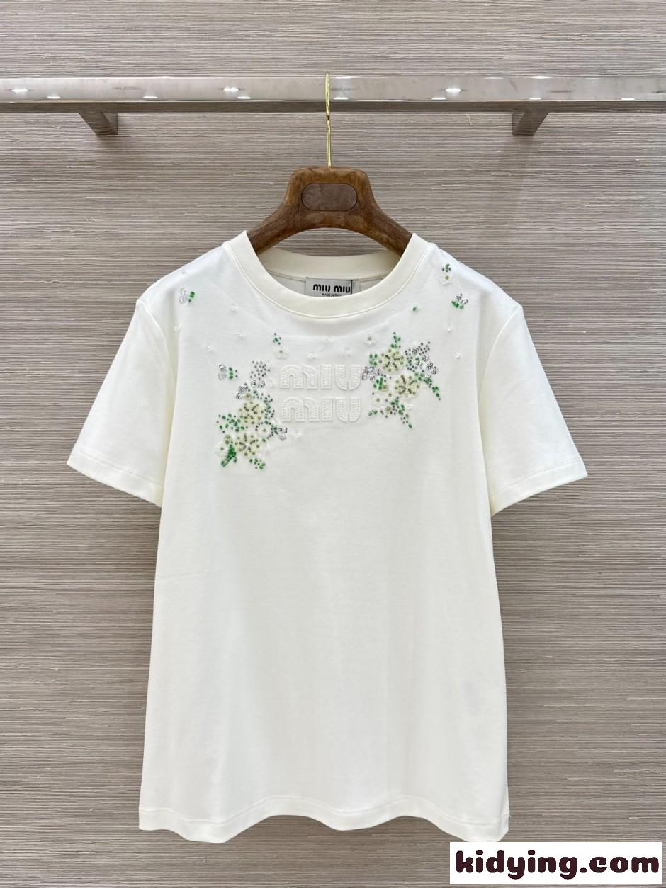 フラワー刺繍 クルーネックTシャツ ミュウミュウ Tシャツ コピー ホワイト-1