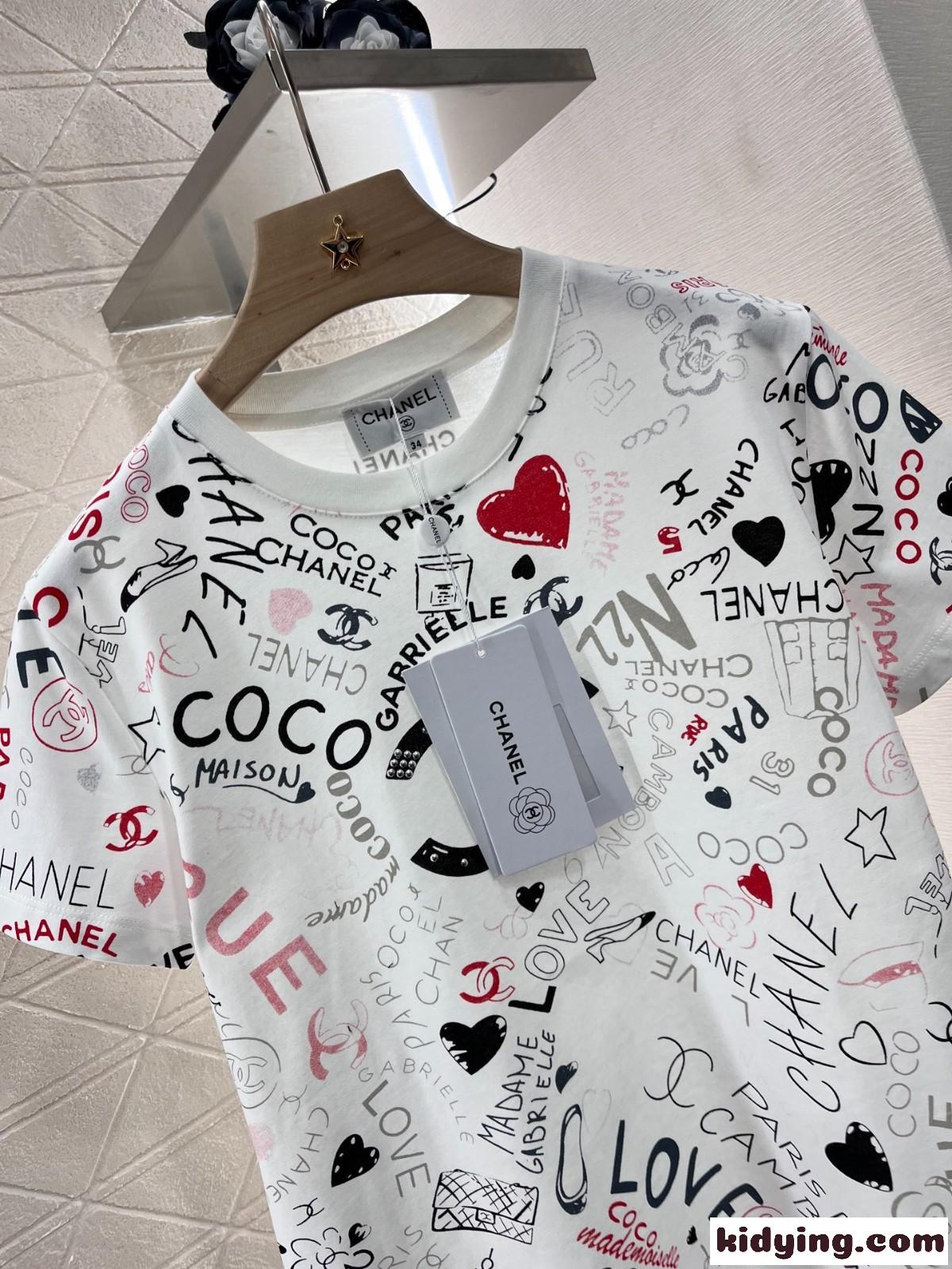 おしゃれ プリント クルーネック シャネル Tシャツ コピー コットン 半袖Tシャツ ホワイト-1