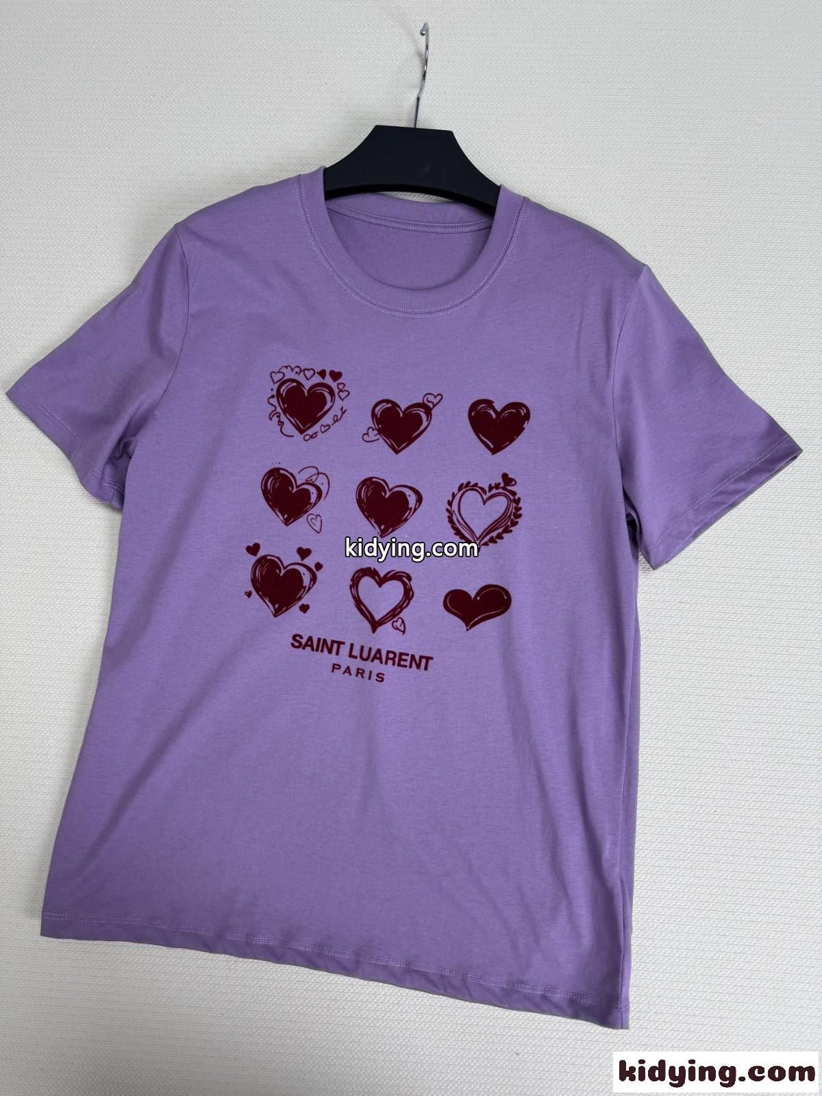 シンプル プリント コットン 半袖Tシャツ イヴ・サンローラン Tシャツ コピー パープル-3