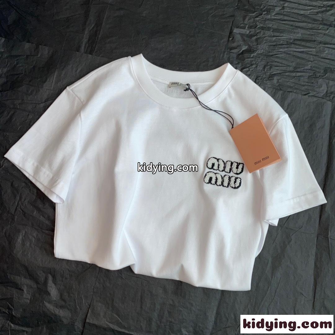 シンプル 定番 ロゴ ゆったり 合わせやすい クルーネック レディース トップス ミュウミュウ 半袖tシャツ コピー 春夏 ホワイト-4