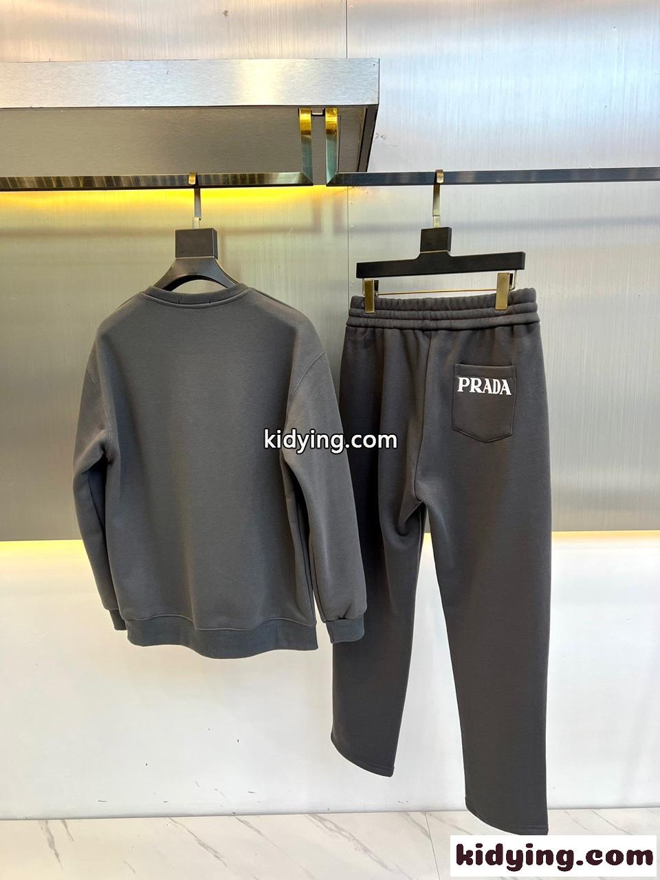 スウェットシャツ×スウェットパンツ 裏起毛 プラダ セットアップ 偽物 上下セット グレー-3
