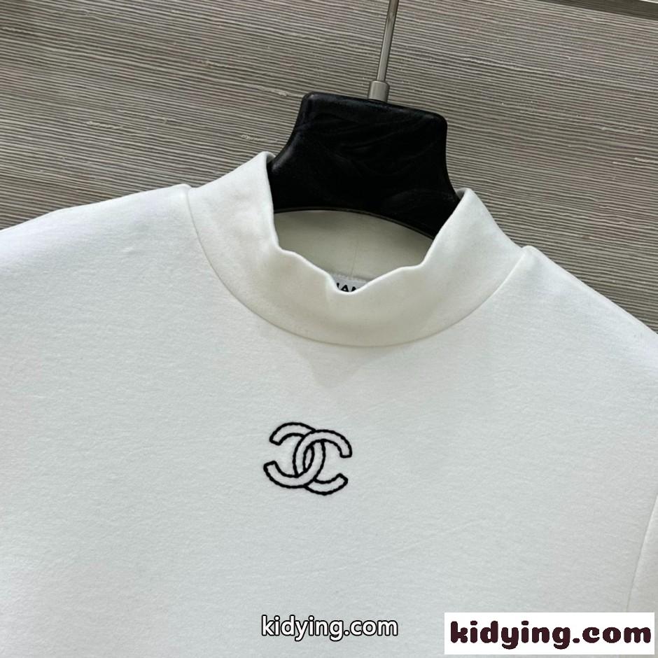 シンプル 洗練された モックネック トップス シャネル Tシャツ 偽物 ホワイト-0