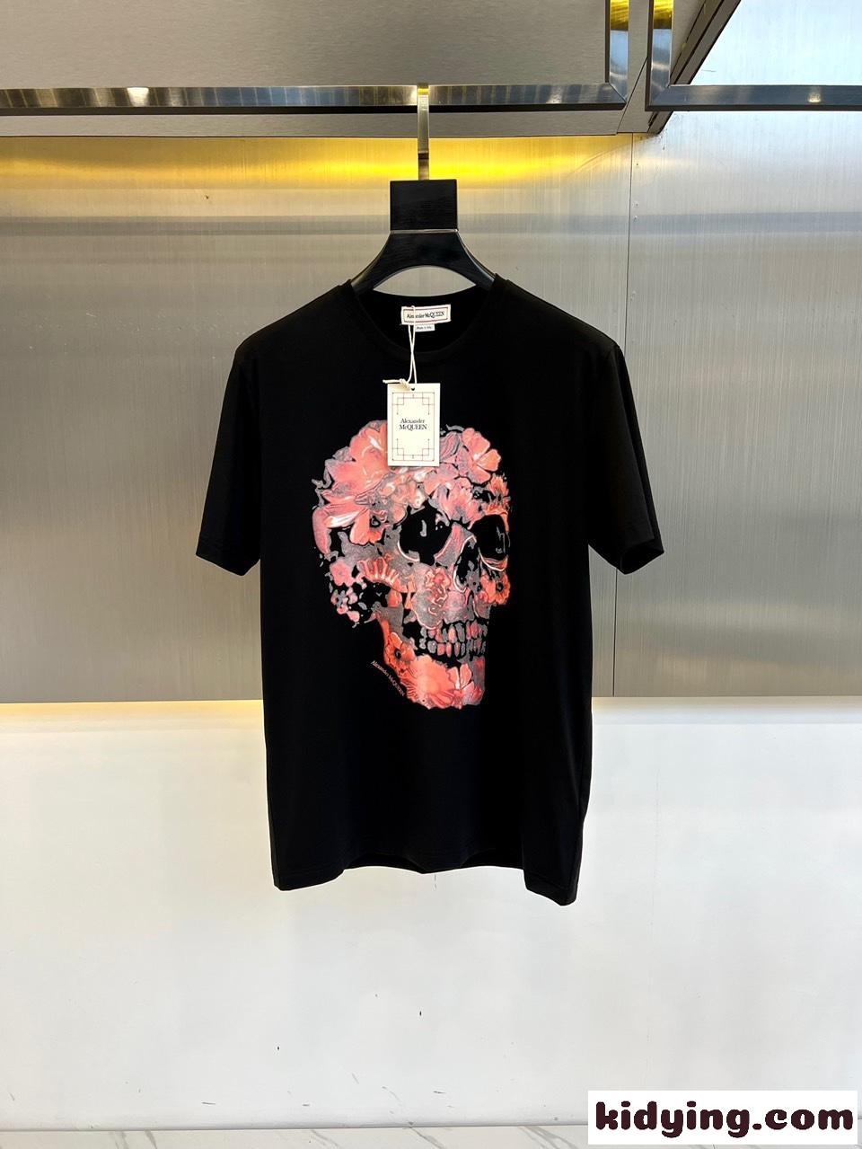 スカルプリント コットン 半袖Tシャツ アレキサンダー・マックイーン Tシャツ コピー ブラック-0