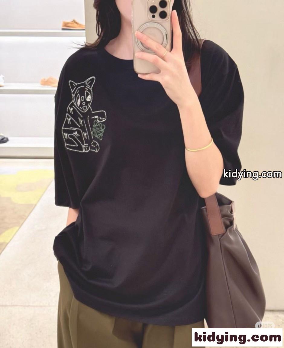 キャットエンブロイダリー 半袖Tシャツ ロエベ Tシャツ コピー ユニセックス ブラック-5