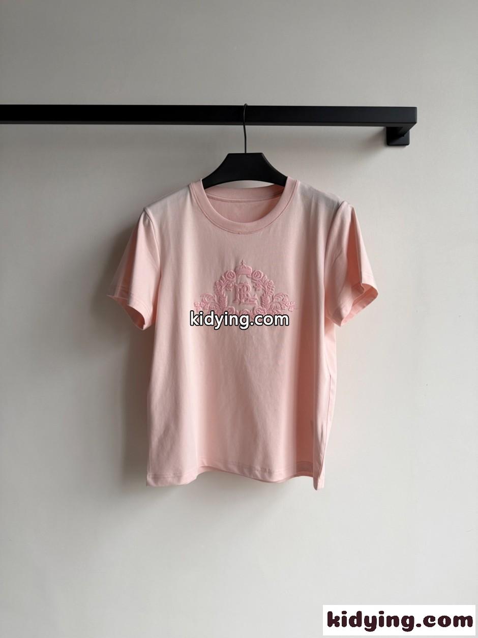 シンプル 上品 エンブロイダリー 半袖Tシャツ ラルフローレン Tシャツ 偽物 ピンク-0