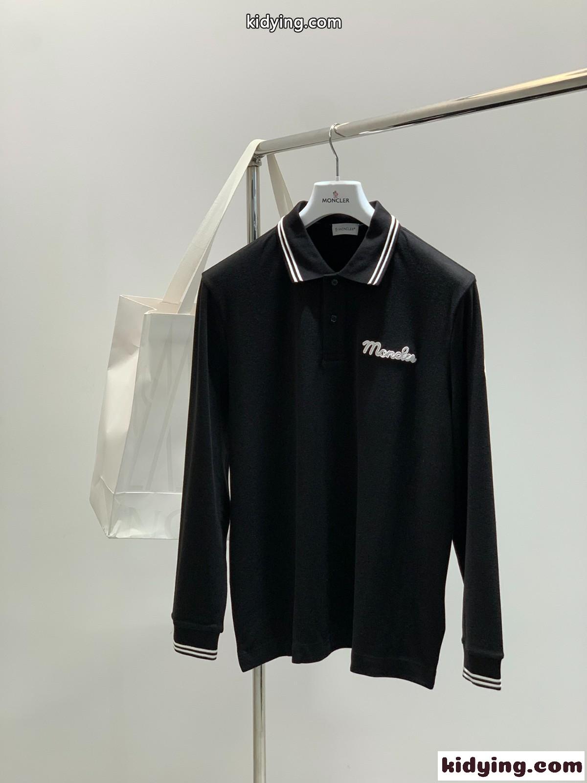 洗練された シンプル 長袖 ポロシャツ モンクレール Tシャツ 偽物 ブラック-0