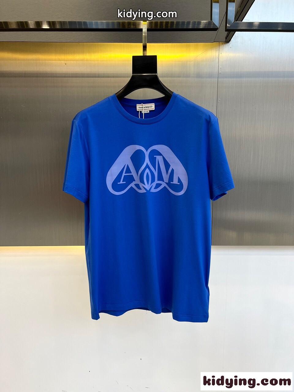 ロゴプリント コットン 半袖Tシャツ アレキサンダー・マックイーン Tシャツ コピー ブルー-1