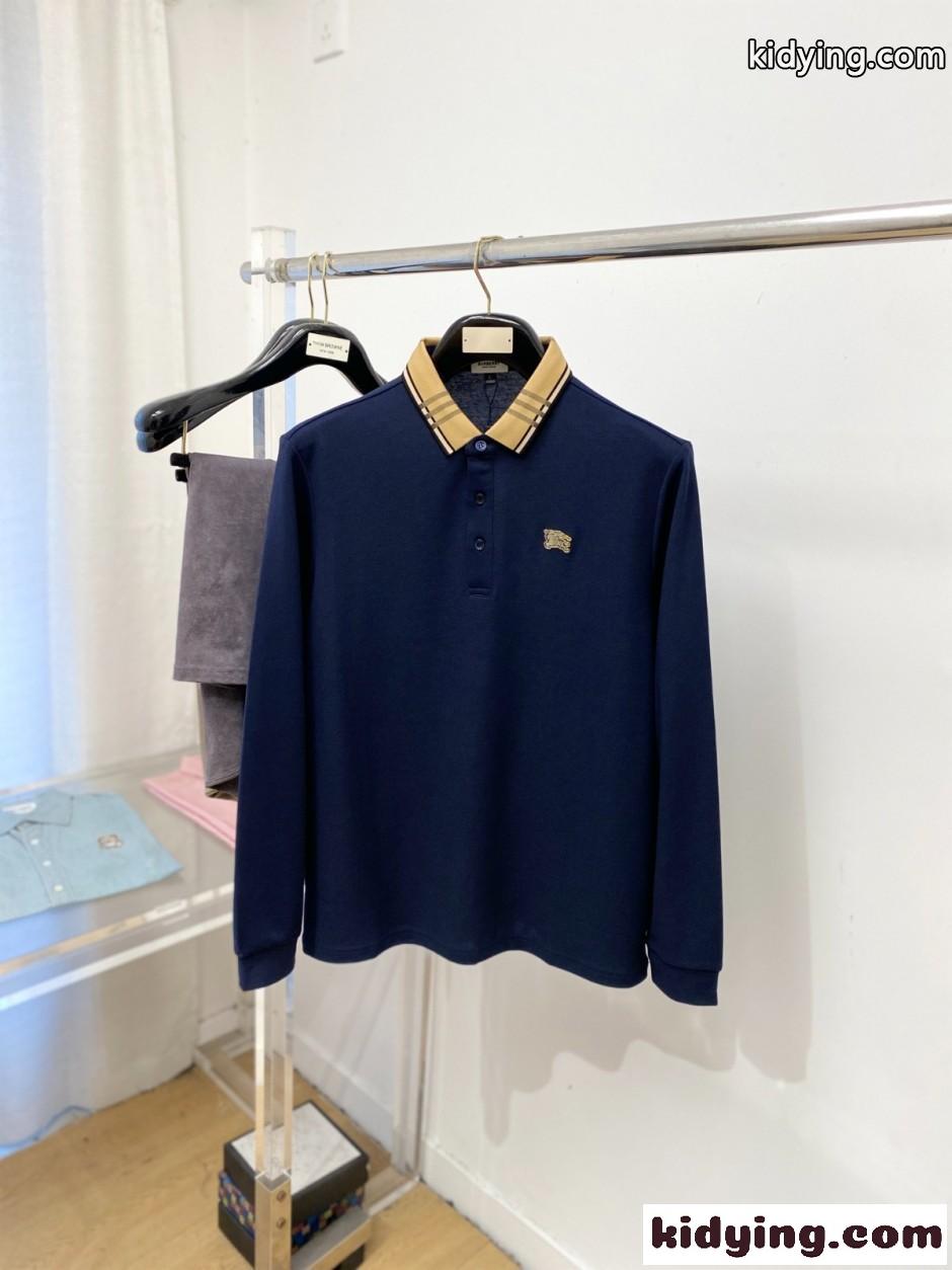バーバリー Tシャツ 偽物 定番 チェックカラー 長袖ポロシャツ ネイビー-0