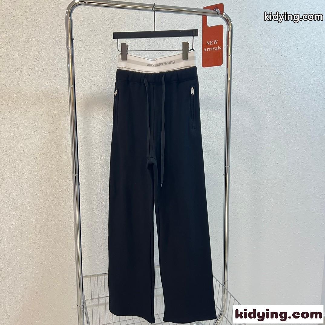 アレキサンダーワング ロゴブリーフウエストバンド付き ワイドレッグスウェットパンツ 偽物 ブラック-0