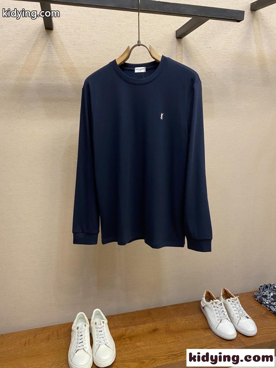 イヴ・サンローラン Tシャツ 偽物 洗練された YSLロゴ 長袖Tシャツ ネイビー-0
