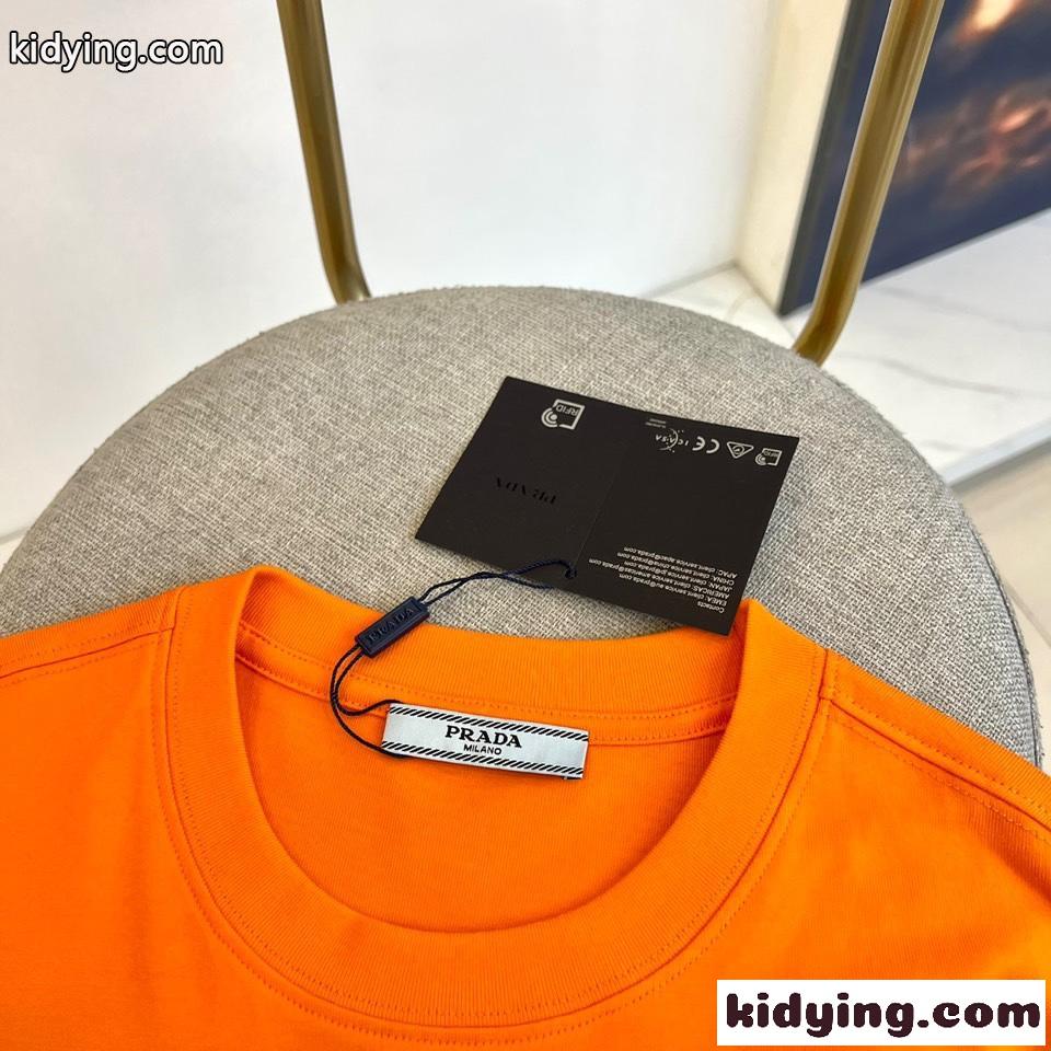 シンプル トライアングルロゴ付き 半袖Tシャツ プラダ Tシャツ コピー オレンジ-2