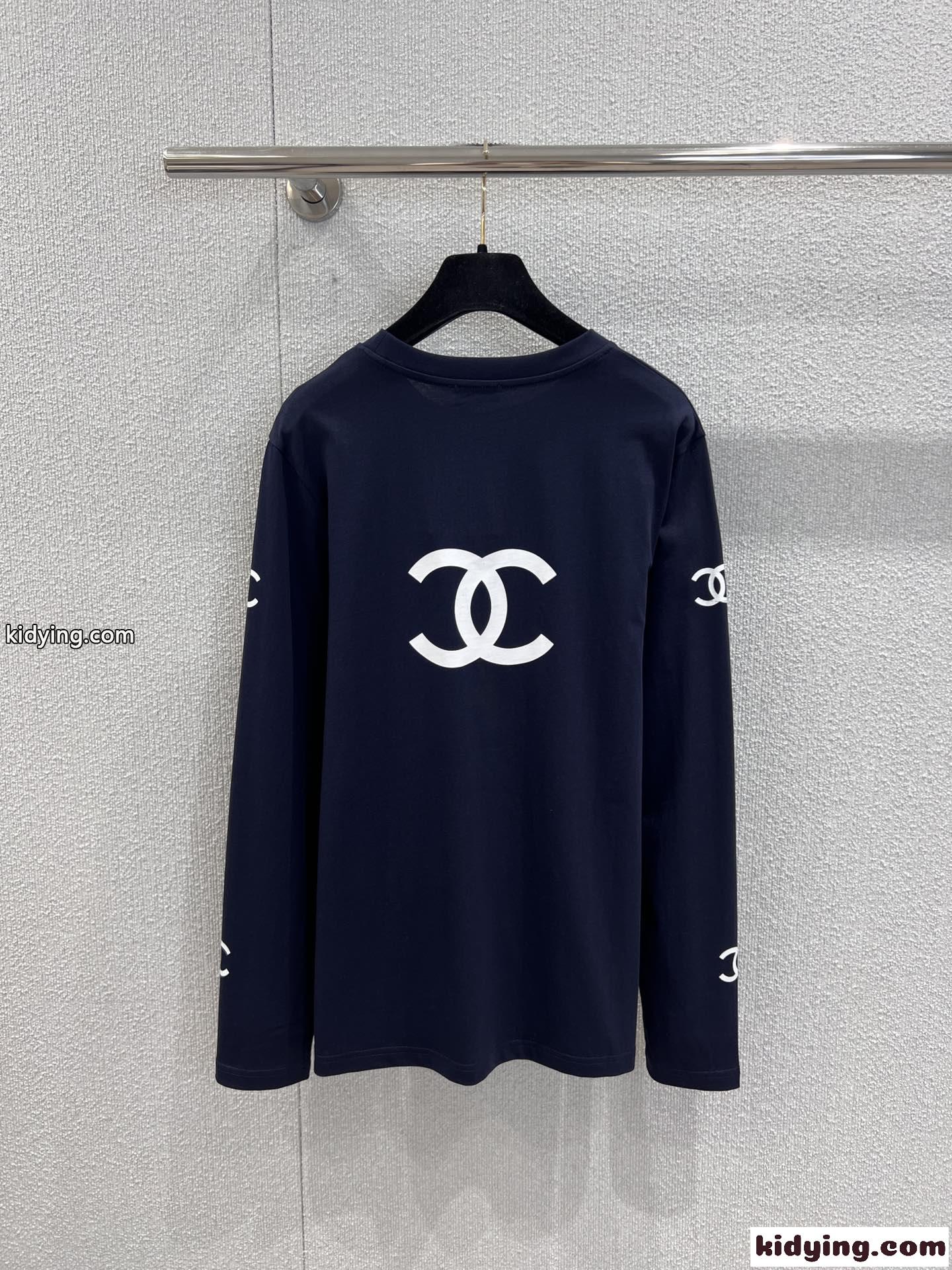 カジュアル 定番 CCロゴ コットン 長袖Tシャツ シャネル Tシャツ コピー ネイビー-2
